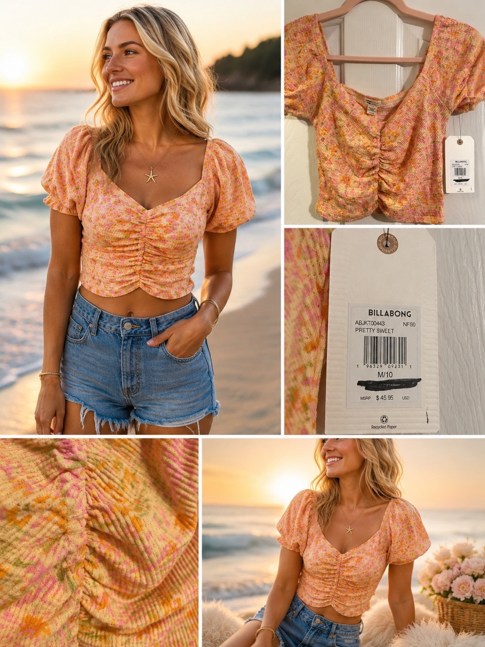 Billabong Orange-Pink Floral Ruched Sweetheart Crop Top